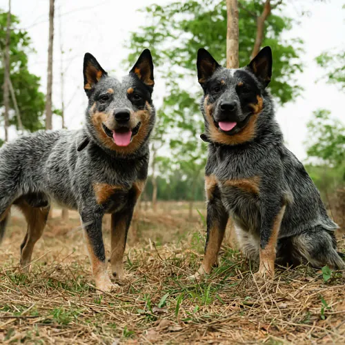 Two Australian Cattle Dogs sitting side by side, looking directly into the camera with alert expressions.